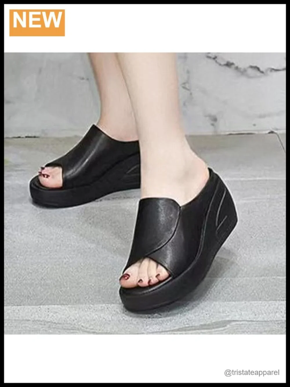 Women's Fish Mouth Platform Wedge Slippers Faux Leather Arch Support Mules
